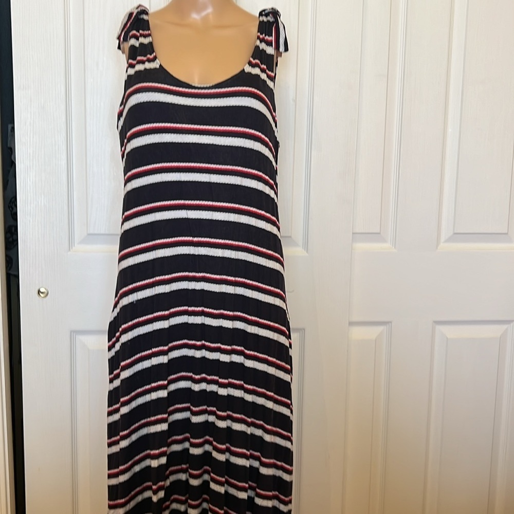 EST 1946 red white blue stripe sleeveless shift dress w pockets szM